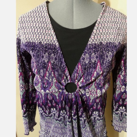 NOTATIONS Ring front Layered look Blouse S Purple Pink Scarf print ScoopNeck top - Picture 3 of 6